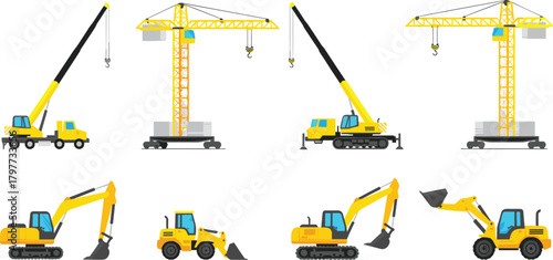 Construction Machinery Set with Tower Cranes, Excavators and Loader