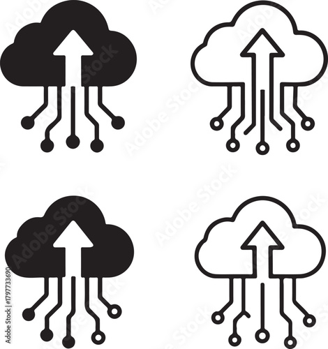 Circuit Cloud Upload Icon Set, tech cloud upload icons, digital data design, smart transfer outline, minimal filled upload, thin stroke storage vector, isolated cloud upload icon set buyers