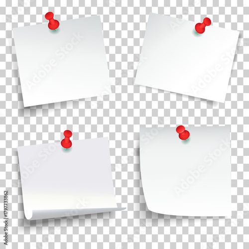 Collection of four blank white note papers with red thumbtacks