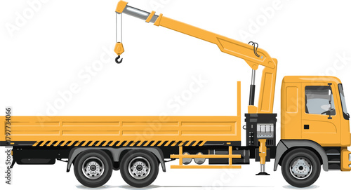Yellow Flatbed Truck with Hydraulic Crane Realistic Vector Illustration