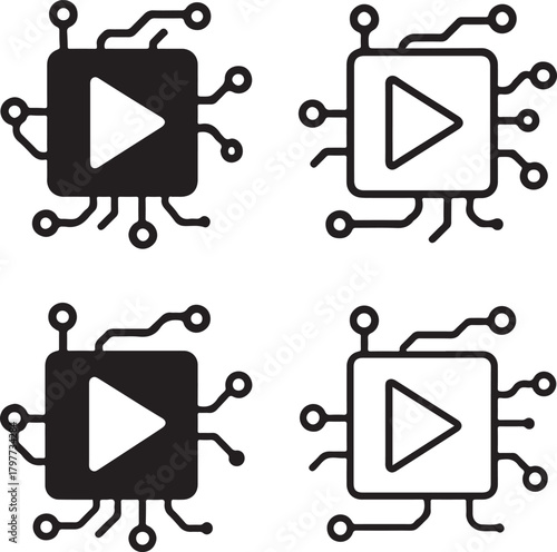 Circuit Play Button Icon Set, tech play icons, digital media design, smart start outline, minimal filled play symbol, thin stroke stream vector, isolated play button icon set buyers