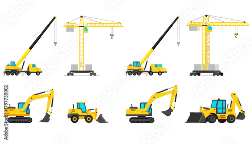 Construction Machinery Vector Set with Cranes, Excavators and Loaders