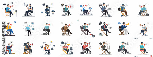 Collection of movie directors and filmmakers sitting in classic director's chairs, shouting through megaphones, surrounded by various film production equipment icons.