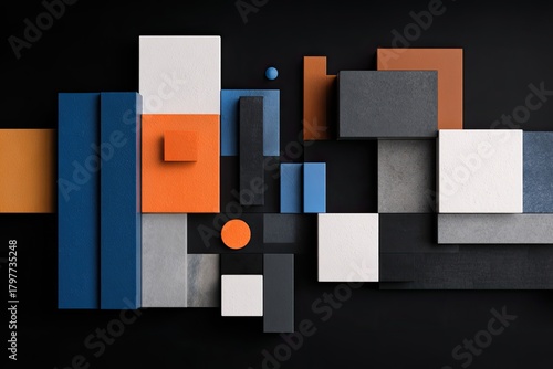 Assortment of geometric blocks in various colors and textures, arranged on a dark background