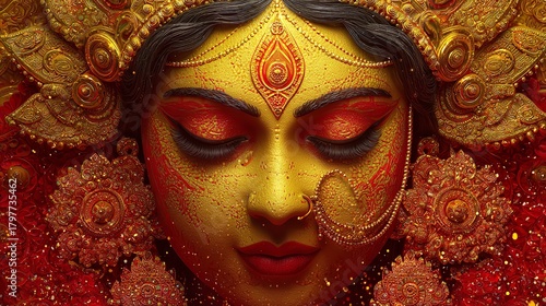 Wallpaper Mural Detailed closeup of goddess durga with intricate gold jewelry and red accents a vibrant representation of hindu mythology Torontodigital.ca