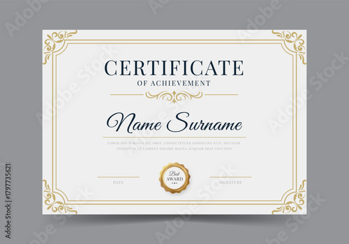 Elegant and luxurious certificate template with badge. Classic frame pattern diploma
