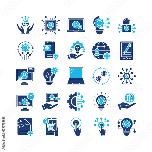 Technology icon set collection. Containing services, operation, program, efficiency, profit, touch, agreement  .Solid vector icons collection