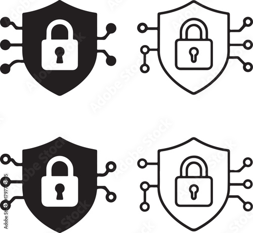 Circuit Shield Lock Icon Set, tech shield lock icons, cyber security design, smart lock outline, digital protect symbol, minimal filled lock, thin stroke secure vector, isolated lock set