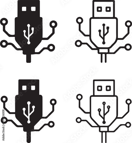 Circuit USB Plug Icon Set, tech usb plug icons, digital connector design, smart port outline, minimal filled usb plug, thin stroke cable vector, isolated usb icon set for tech buyers