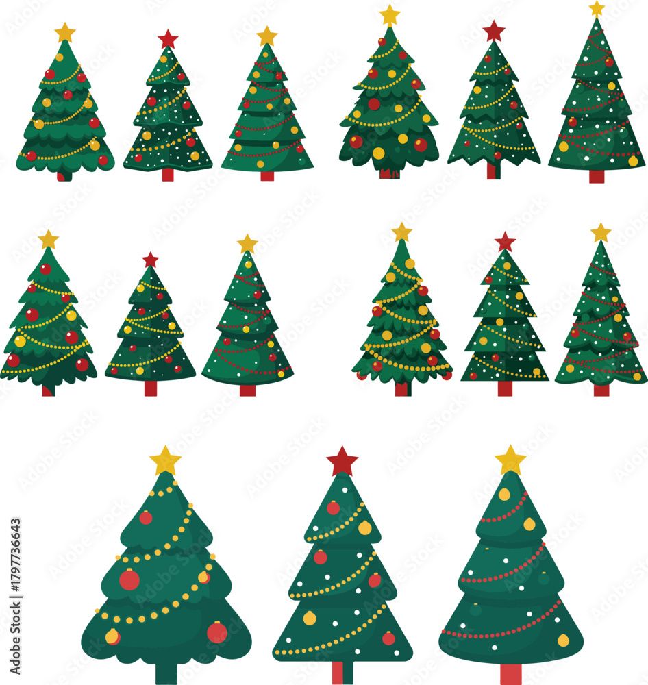 Obraz premium Collection of christmas trees featuring a variety of decorative styles, illustrated as an EPS vector set.