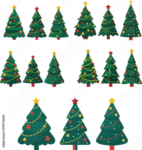 Collection of christmas trees featuring a variety of decorative styles, illustrated as an EPS vector set.