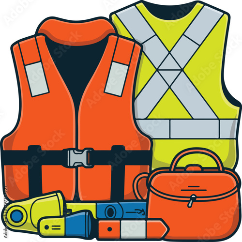 Vector illustration of essential safety equipment including a life vest high visibility vest and first aid kit for preparedness