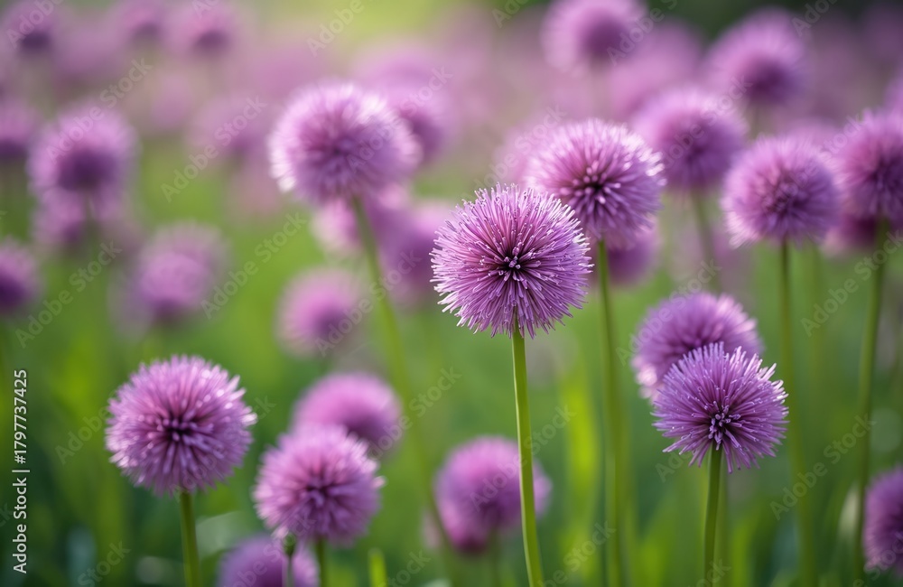 Fototapeta premium Field with bright purple ornamental onion flowers bloom in spring garden. Allium blossoms in green meadow. Decorative garlic plants with round violet head grow on flowerbed during sunny day.