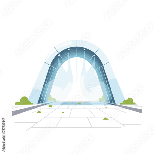 Urban pedestrian cooling mist arch in clean minimalist flat vector style, creating refreshing microclimates during extreme city heat on a white background, designed for climate resilience 