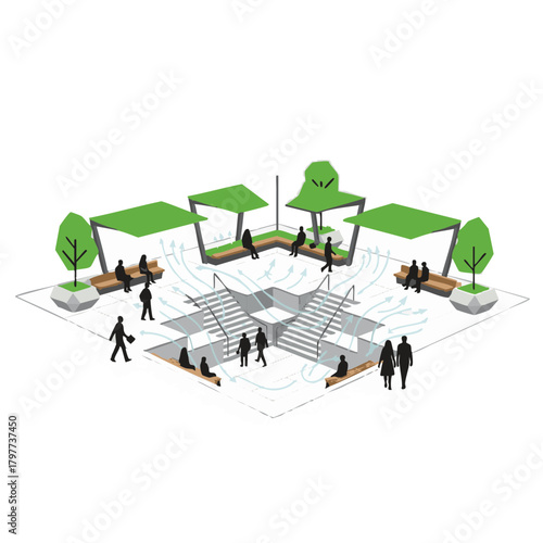 Minimalist flat vector illustration of an urban cool pocket plaza with integrated airflow channels and shaded architectural forms designed to reduce heat and create comfortable microclimates 