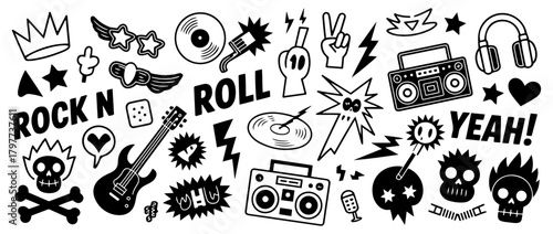 rock and roll punk doodle vector set