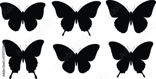 Collection of six black butterfly silhouettes on a white background