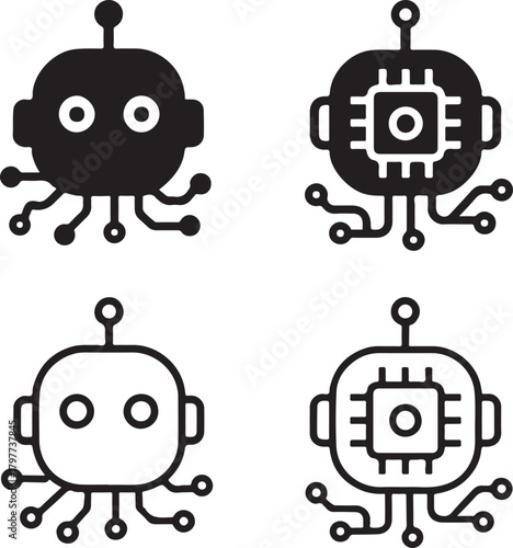 Robot Head Icon Set, tech robot icons, digital AI symbols, minimal filled robot, thin stroke head vector, solid black circuits, isolated robot icon set buyers