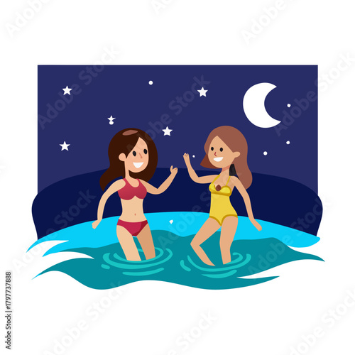 Two girls having fun in the sea during the night.icon