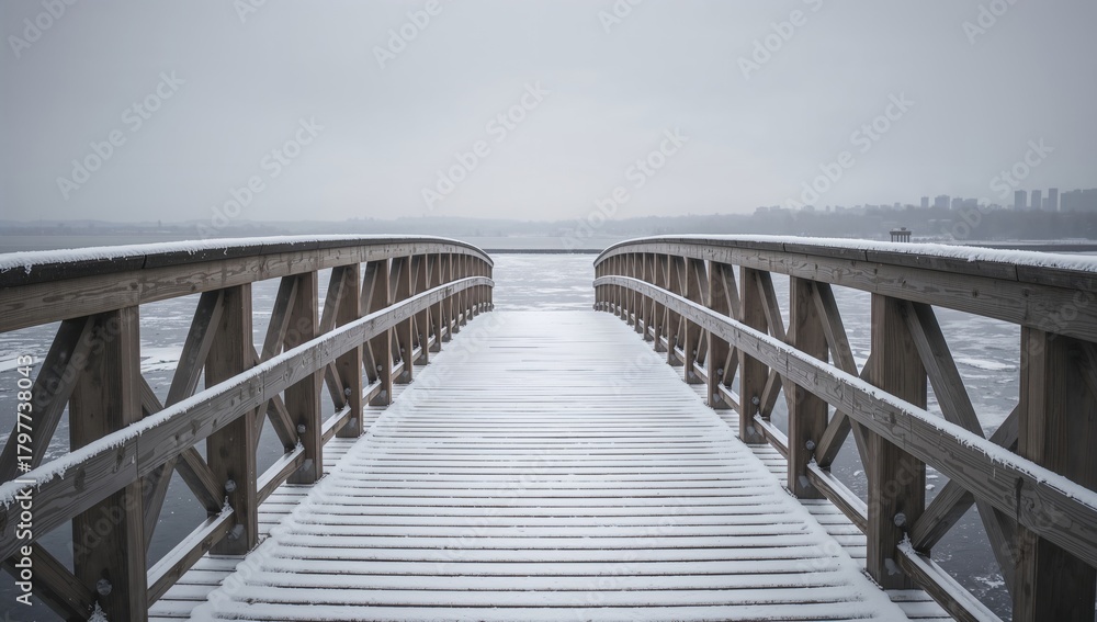 Obraz premium Wooden bridge blanketed in snow, showcasing winter's impact on infrastructure