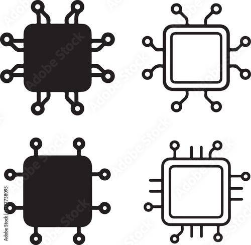 Microchip Icon Set, tech chip icons, digital processor symbols, minimal filled chip, thin stroke microchip vector, solid black circuits, isolated chip icon set buyers