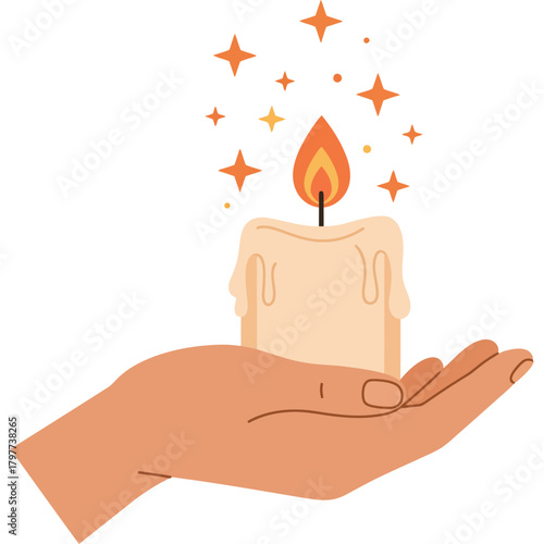 Hand holding a candle with stars around it flame fire light spark magic meditation spiritual spirituality