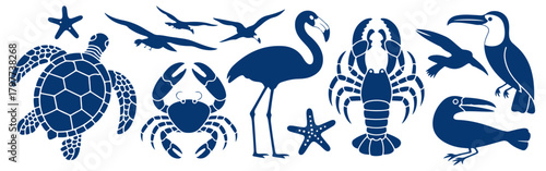 tropical marine animal silhouette vector set