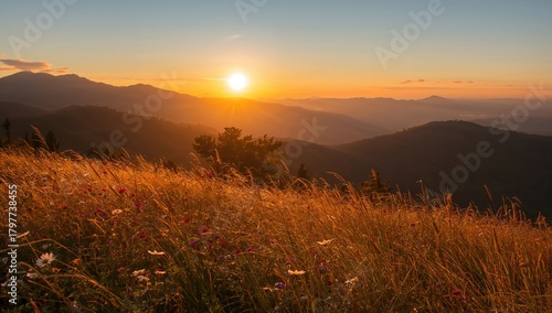 Fototapeta Naklejka Na Ścianę i Meble -  Scenic mountains under a sunrise, illuminating the autumn meadow with golden light, ideal for editorial header background