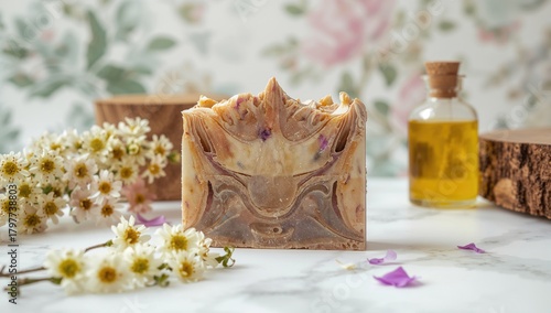 Close-up of unique handmade soap on a white surface with floral accents, artisanal quality