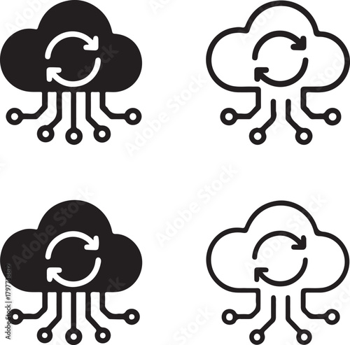 Cloud Sync Icon Set, tech cloud sync icons, digital backup symbols, minimal filled cloud, thin stroke sync vector, solid black circuits, isolated cloud icon set buyers