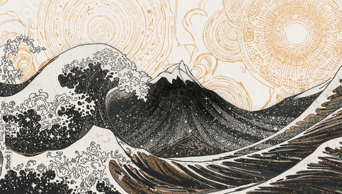 Line art of waves and a mountain with a hand-drawn contemporary background, suitable for editorial design