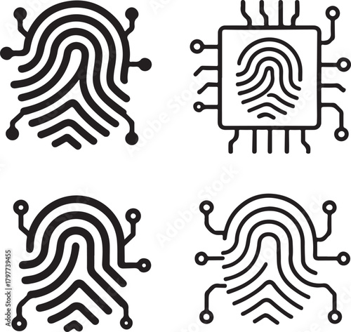 Fingerprint Scan Icon Set, tech fingerprint icons, digital identity symbols, minimal filled fingerprint, thin stroke scan vector, solid black circuits, isolated fingerprint icon set buyers
