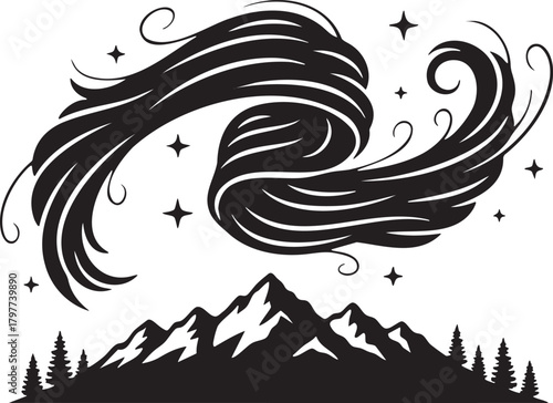 Isolated a kind of swirling tornado or wind with stars vector silhouette representing weather chaos cosmic energy and dynamic natural forces