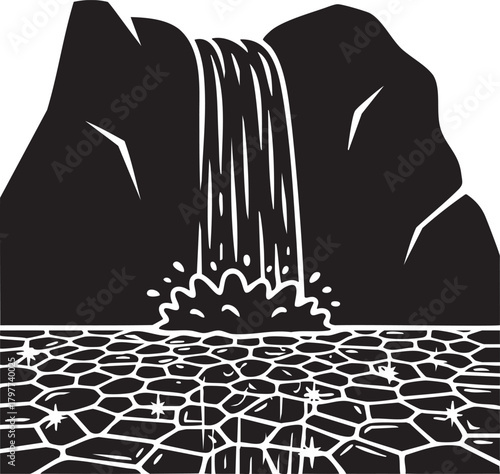 Isolated a kind of waterfall cascading from mountain cliff with base explosion vector silhouette for nature scenic beauty and powerful landscape themes