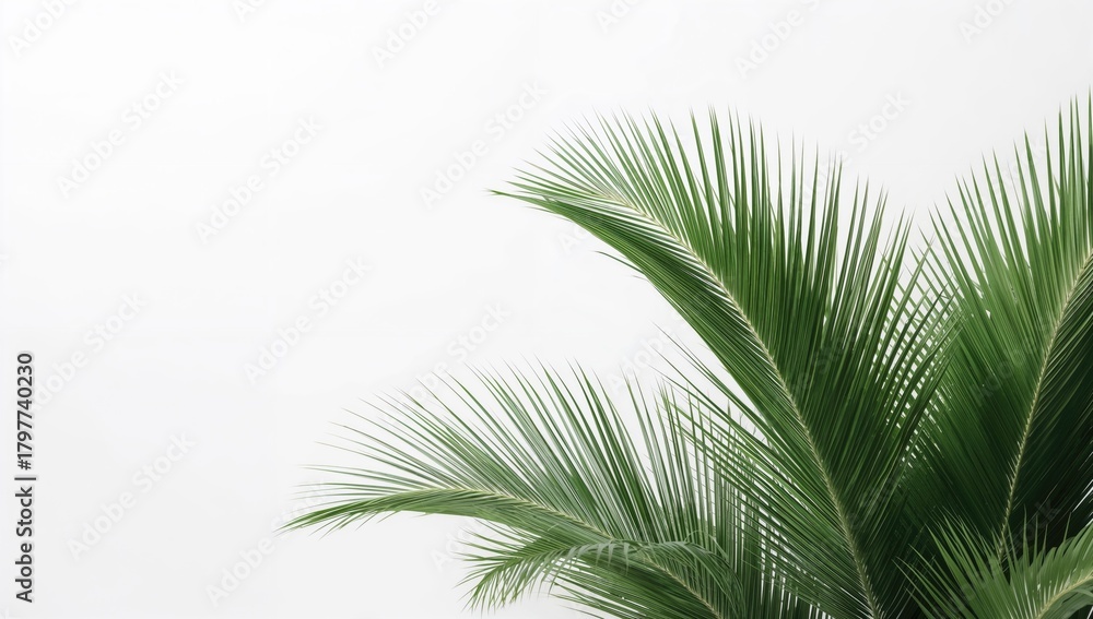 Fototapeta premium White backdrop featuring lush green palm leaves, ideal for editorial header background