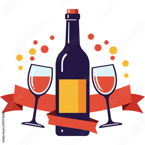 Wine Bottle and Glasses with Ribbon Illustration celebration party drink alcohol event vector design graphic