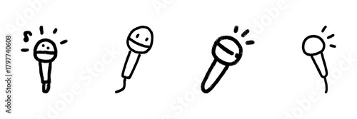 Microphone Line Icon Set In Doodle Style. Music Performance, Singing, And Audio Recording Outline Sketch Collection. Hand Drawn Isolated Vector Illustration