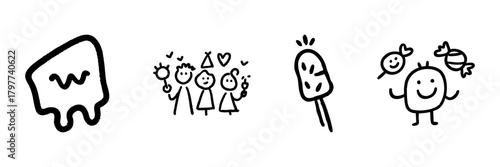 Cute Doodle Icons Set Featuring Tooth, Party, Ice Cream, And Candy Characters. Fun And Playful Sketch Collection. Perfect For Celebrations, Dental Health. Hand Drawn Isolated Vector Illustration