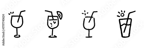 Cocktail And Beverage Glasses Line Icon Set In Doodle Style. Refreshing Drinks, Summer Cocktails, And Party Beverages Outline Sketch Collection. Hand Drawn Isolated Vector Illustration