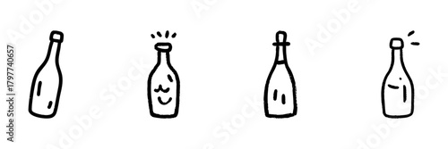 Bottles Line Icon Set In Doodle Style. Beverage Containers, Celebration, And Drink Packaging Outline Sketch Collection. Hand Drawn Isolated Vector Illustration