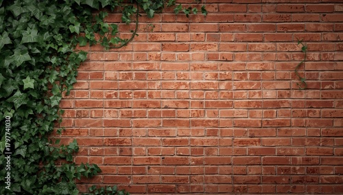 Red brick wall texture featuring green ivy and creeping vines, ideal for design decoration background
