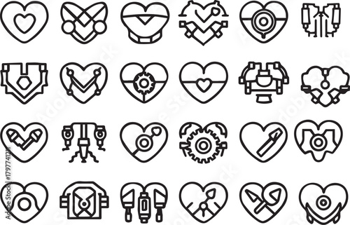 Tech Love and Engineering Heart Shapes Vector Line Art Collection