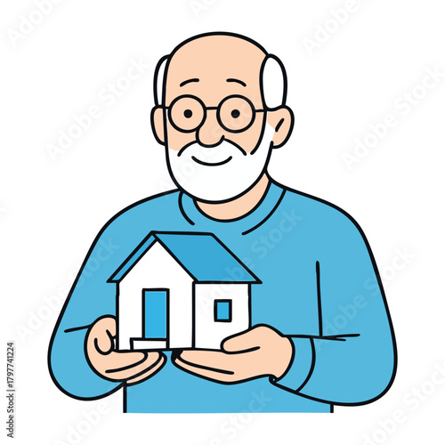 Senior Man Holding House Doodle Icon for Retirement Savings, Financial Planning, and Secure Future