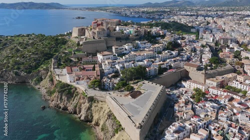 Aerial View of Dalt Vila (Eivissa Old Town) and the Busy Boat and Ferry Marina in Ibiza, Balearic Islands	