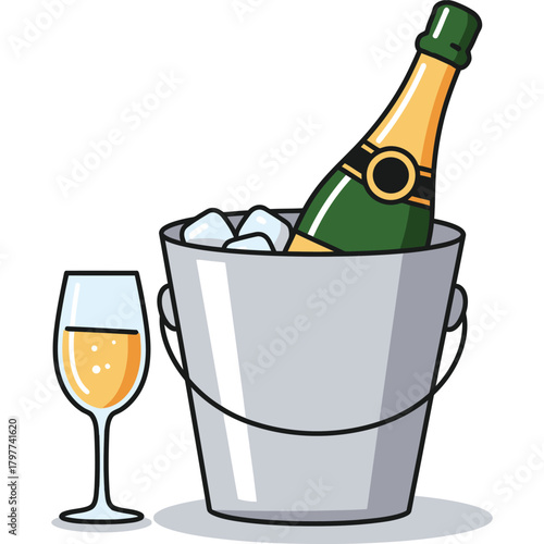 Champagne bottle in ice bucket with glass illustration celebration drink alcohol wine sparkling party event