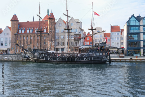 Gdansk, Poland. Pirate ship Black Pearl. Tourist excursions along the Motlawa River on the Black Pearl galleon.