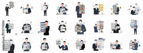 Collection of Vector Illustrations Featuring Legal Professionals Overloaded with Massive Stacks of Case Files, Evidence, and Court Documents.