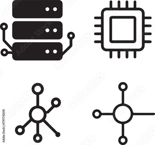 Data Server Icon Set, cloud server tech icons, digital storage symbols, minimal filled data, thin stroke server vector, solid black circuits, isolated server icon set buyers
