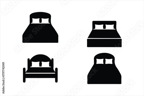 Bedroom furniture bed vector icons set for sleep and relaxation