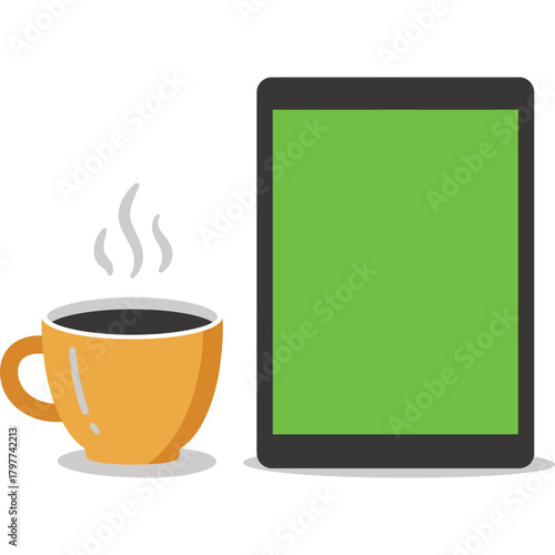 Coffee and Tablet Illustration mug green screen computer technology digital work office drink beverage hot steam